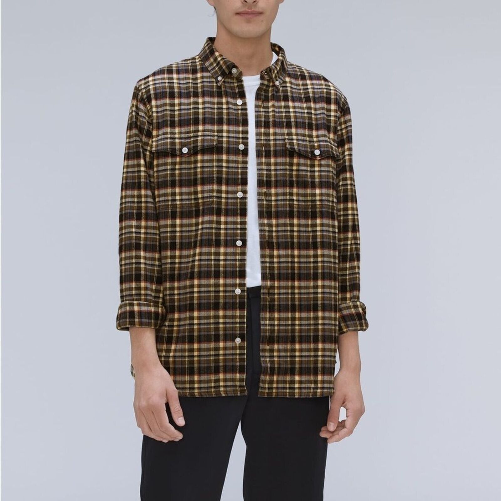 Everlane Mens The Brushed Flannel Shirt L Button Black Beech Plaid New B29